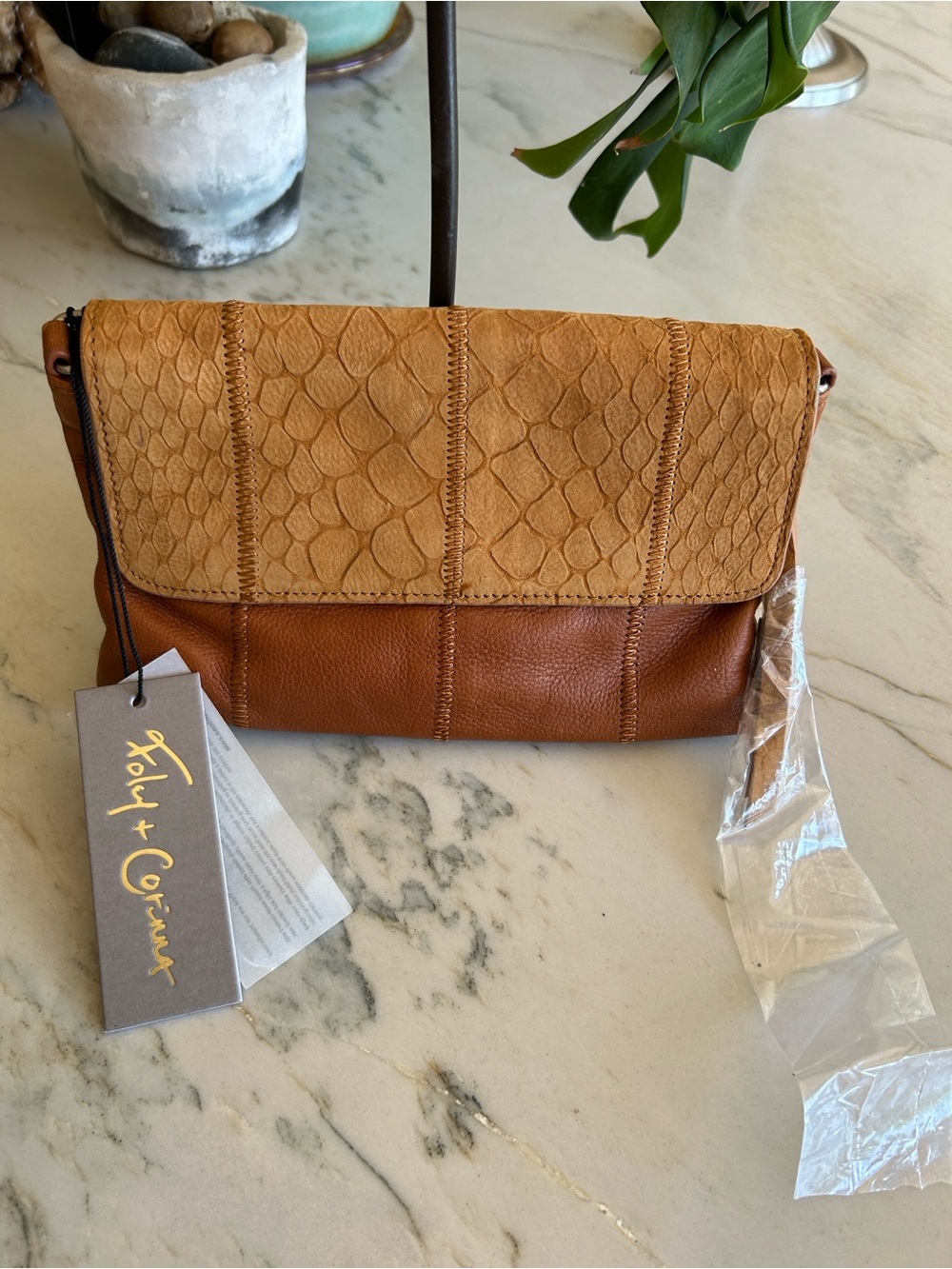 Foley + Corinna Two-Tone‎ Tan & Camel Textured Fold-Over Crossbody